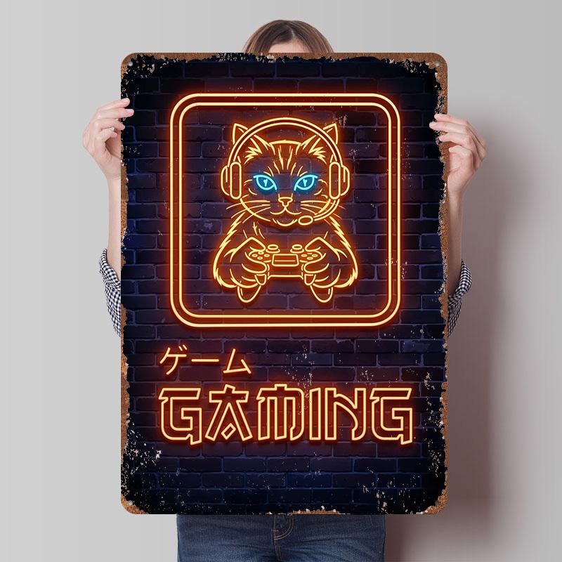 

Neon Gaming Cat Printed Poster Customized Wall Art Retro Vintage Metal Tin Signs for Decoration At Home Decor Items Coffee Bar 7.9x11.8In(20x30cm)