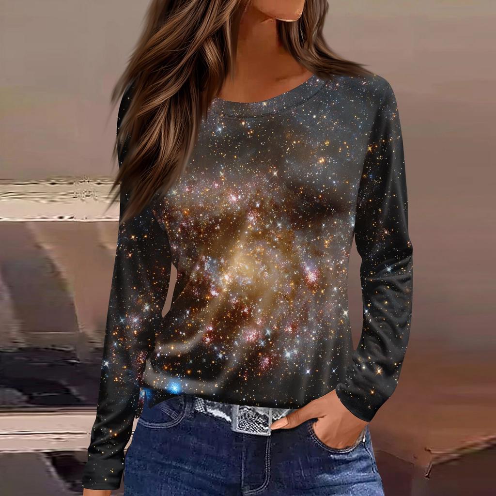 Women's Fashion Casual Slit Hem Round Neck Long Sleeve Loose Printed T,Shirt Ladies Top