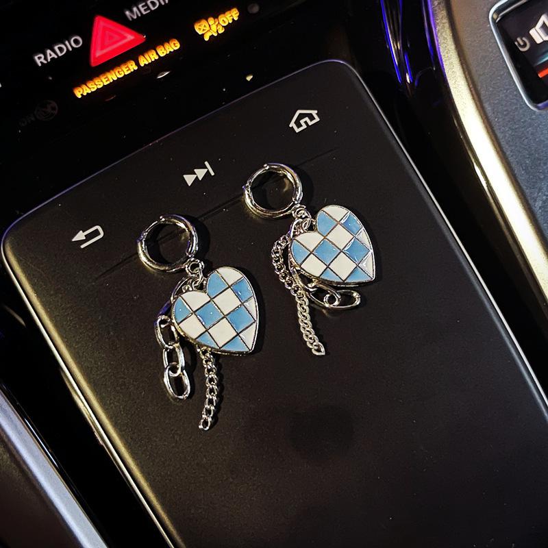 Love checkerboard earrings Annual temperament earrings Women's fringed chain earrings