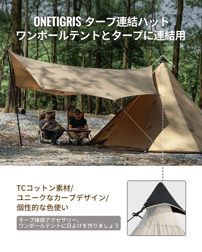 OneTigris Tarp Connecting Hat for One-Pole Tents, Tarp Adapter with Carabiners and Guy Ropes, Universal for All Tents, Black