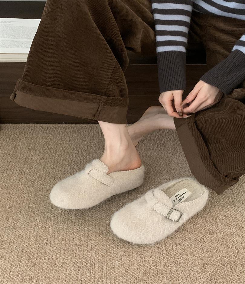 

Шерстяные туфли Бокен женские осенне-зимние бархатные 2025 новые корейская версия французский ретро плоская подошва на одном педале термо хлопок 39