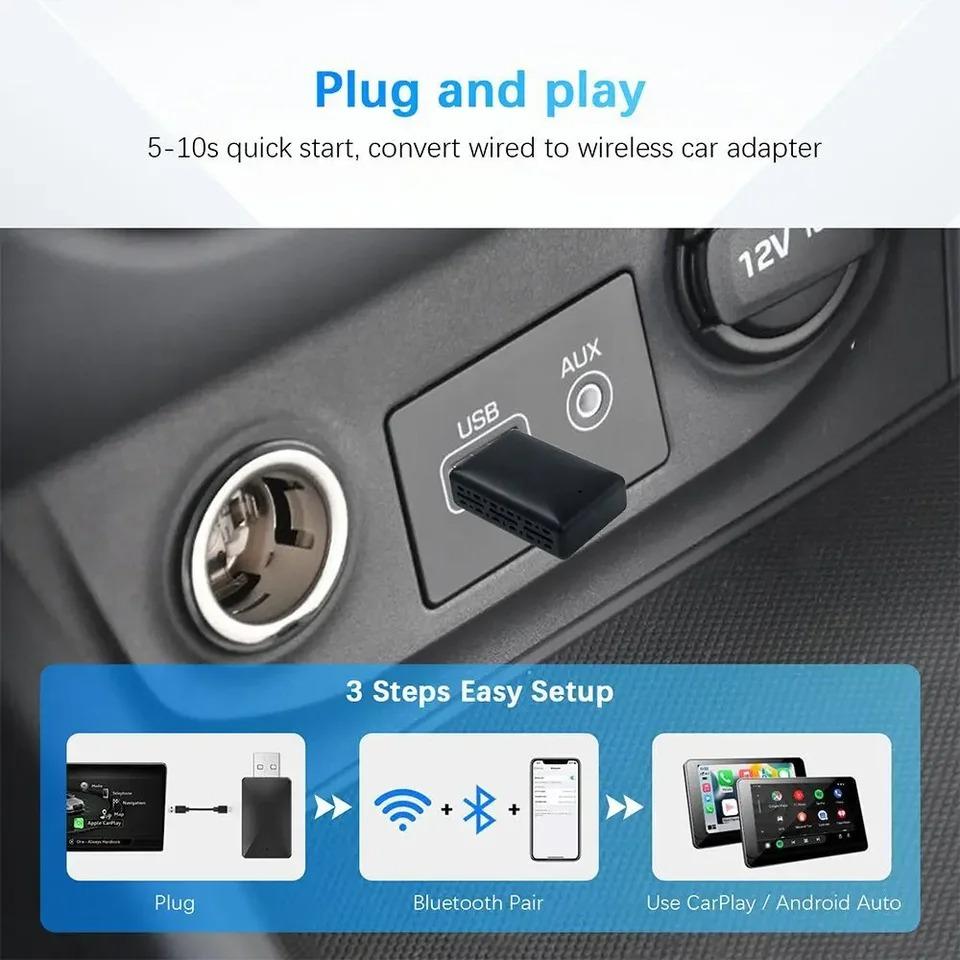 2 In 1 Wired To Wireless Carplay Adapter for IOS Android Wi-Fi 6 Bluetooth 5.4 Auto Smart USB Dongle Plug and Play Carplay Wireless Adapter
