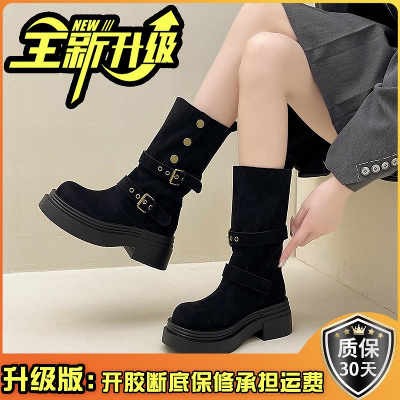 Retro two-wear locomotive boots for women's autumn and winter new belt buckle heightened small thick heel thick-soled Martin short boots