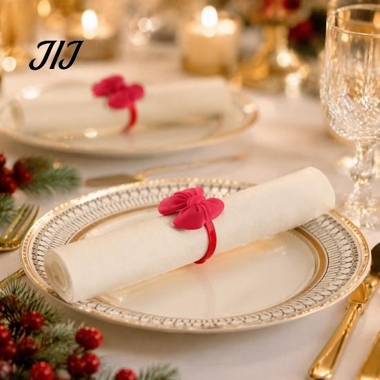 Christmas Eve Party Table Decor Mini Napkin Ring, Small Red Bow Wooden Holder with Reusable Supplies Berries Pine Cones for New Year Dinner