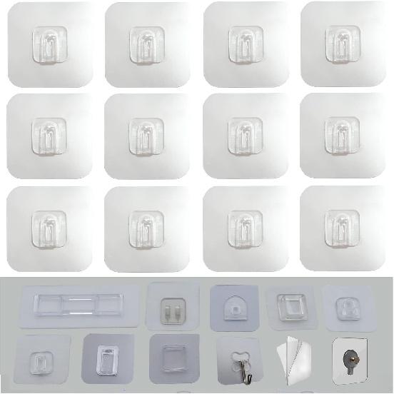 12 PCS Wall Mounted Replacement Sticky pads for Kitchen Bathroom Shower Caddy Organizer Rack Holder Nail Free Adhesive Hooks (Square)