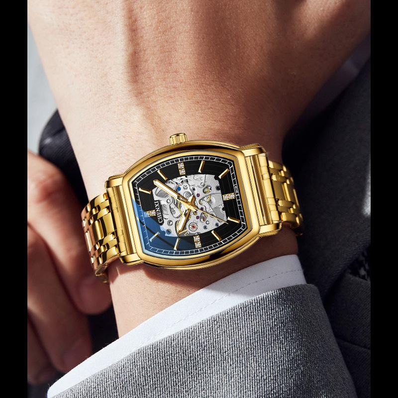 Relógio Mecânico Masculino Novo Tipo Barril Automático Vazado Luminoso À Prova d'Água Aço Inoxidável Dourado Relógios para Homem Relojes Hombreino