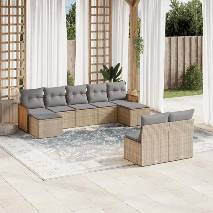 VidaXL Salon de Jardin avec Coussins 9 pcs, Canapés de Patio, Ensemble de Meubles, Mobilier de Terrasse Extérieur, Beige 3260456