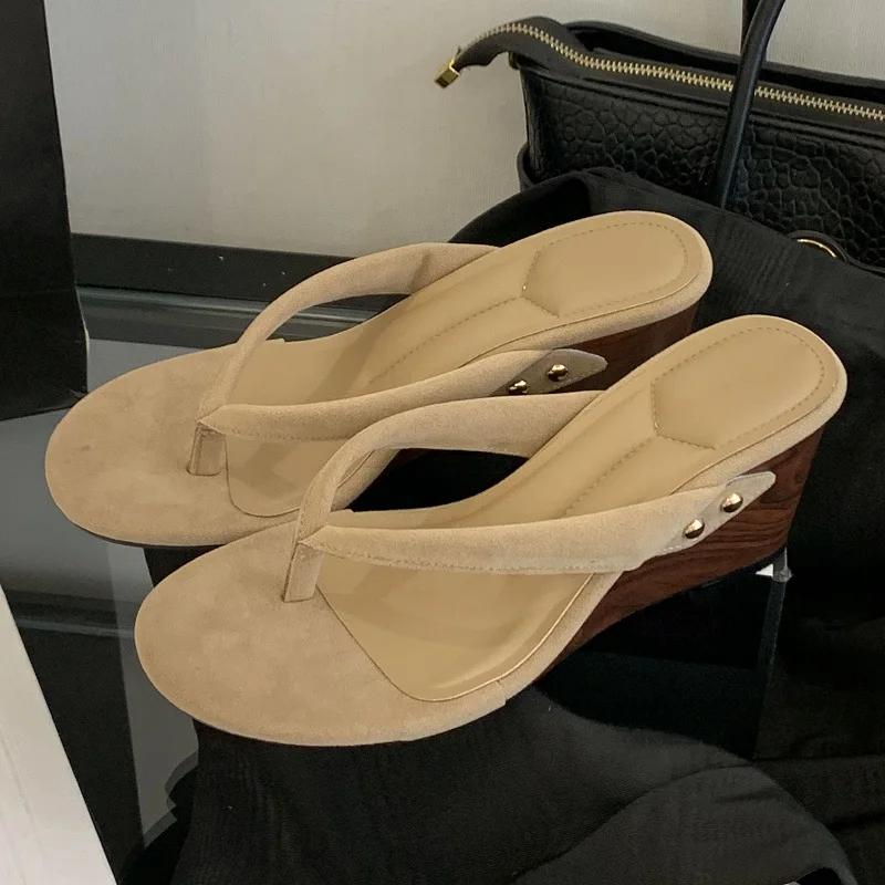 

Eilyken 2025 New Summer Fashion Round Clip Toe Timber Wedge Slippers Woman Timber Heels Flip Flops Slide Shoes 40 абрикосовый