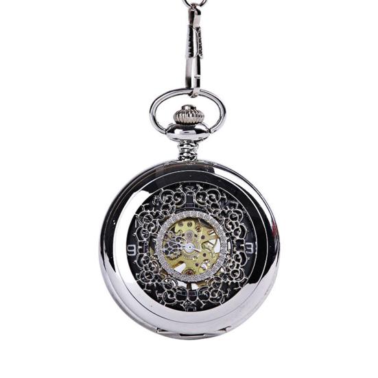Retro Unisex Hollow Flower Round Dial Hand Winding Chain Mechanical Pocket Watch