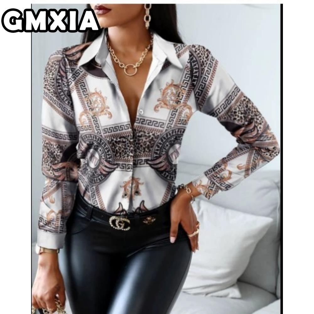 GMXIA Damenmode Lässig Freizeit Einfarbig Druck Langarm POLO Kragen Blusen & Hemden