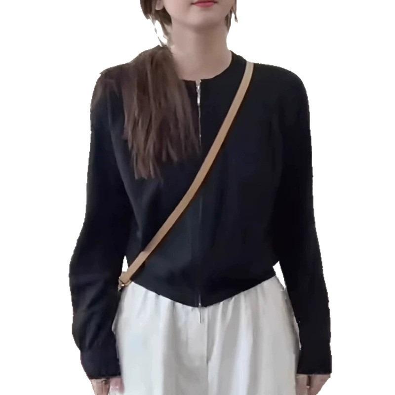 Early Autumn New Solid Color Casual Versatile Zipper Knitted Cardigan Women's Loose and Thin Round Neck Long-sleeved Sweater Jacket