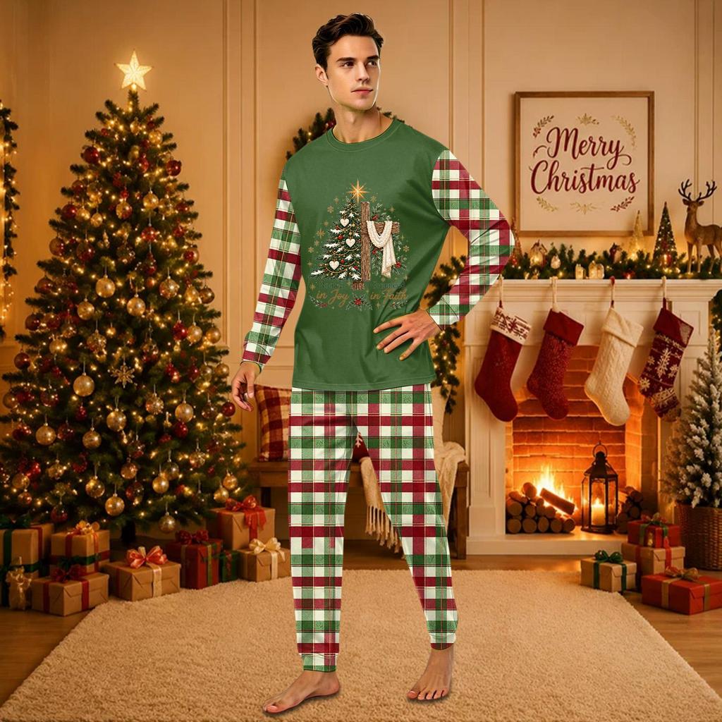 Christmas-print long-sleeve and long-pant matching family loungewear set