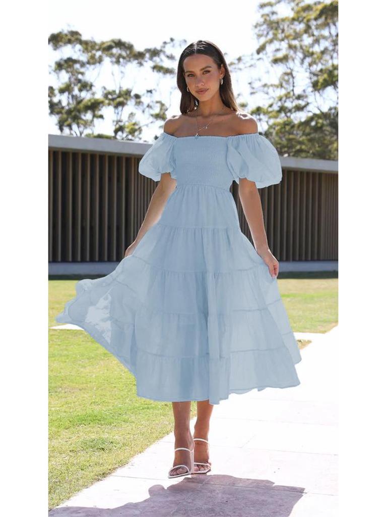 2024 Sommer Einseitiges Puffärmel Slim Langes Kleid