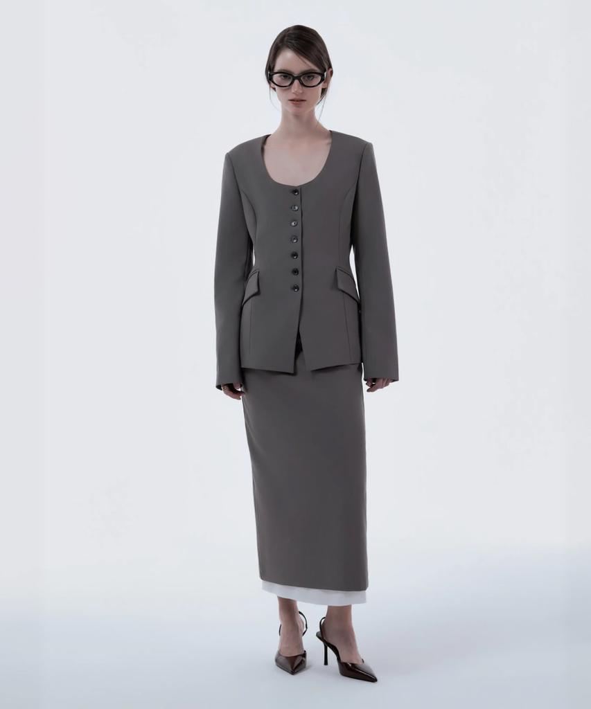 Mausolleum Contrast Layered Slim Line Long Skirt - Ash Brown