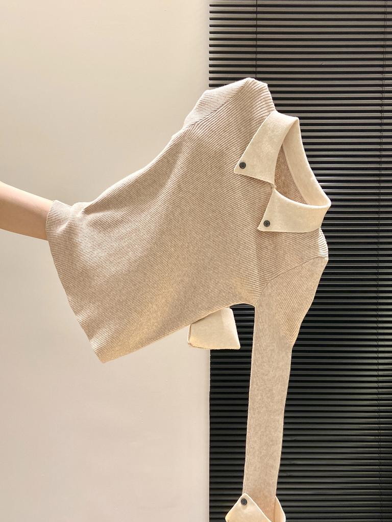 Temperament Contrasting Color Knitted Sweater Women's Autumn and Winter Niche Chic Olo Lapel Inside Sweater Backing Top