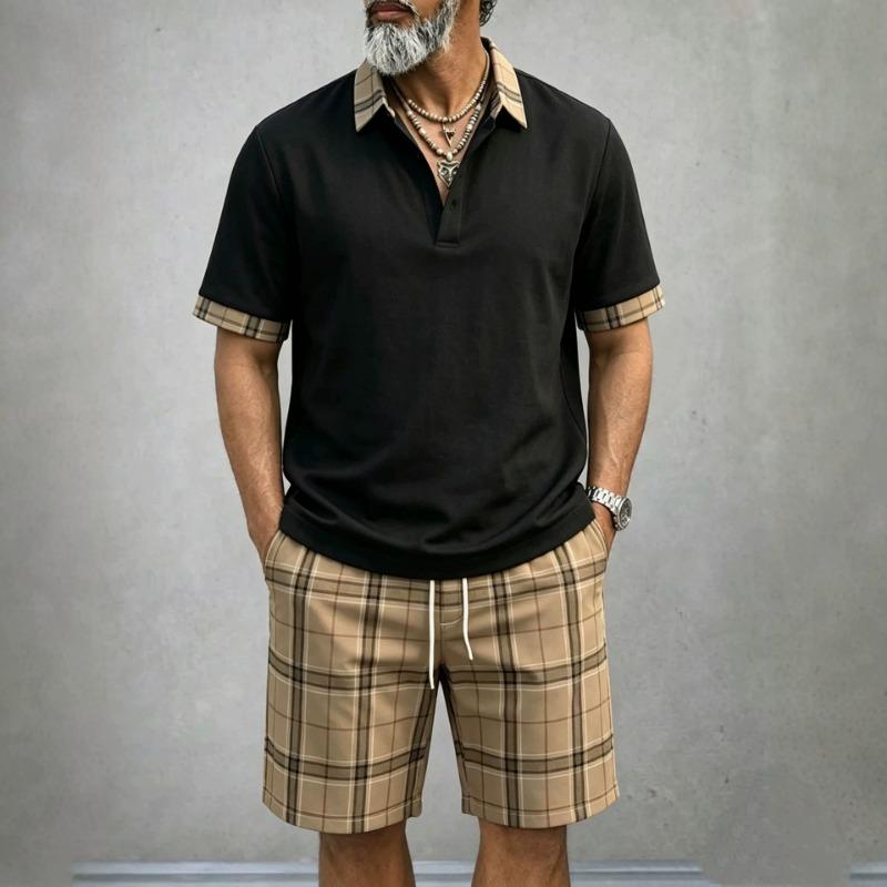 Men Casual Plaid Short Sleeve Polo Shirt And Shorts Outdoor Sports Set