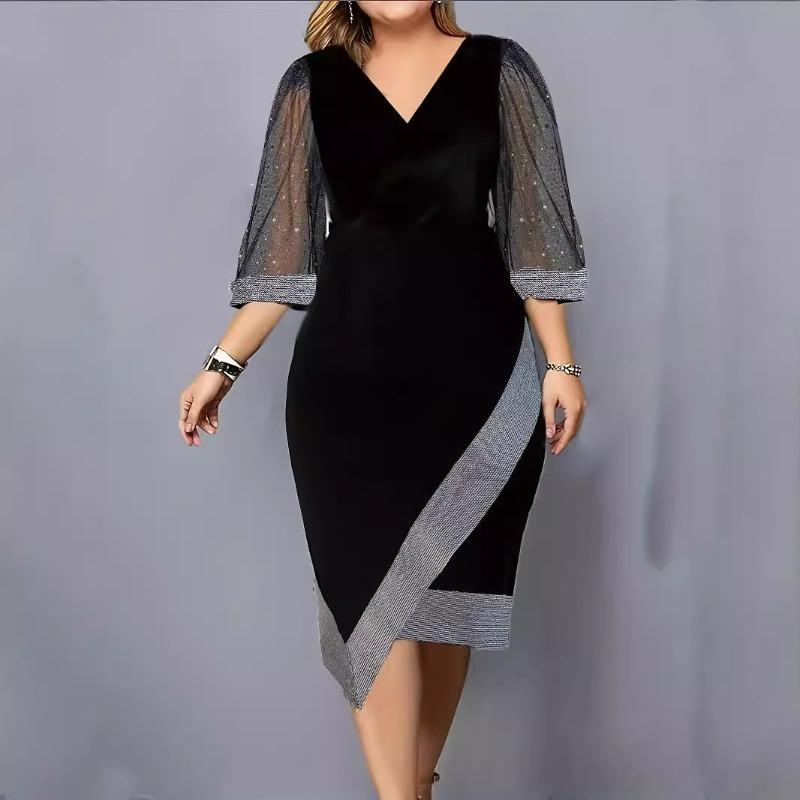 Women's New Temperament Commuter Slim Mesh Splicing Short-sleeved V-neck Dresses