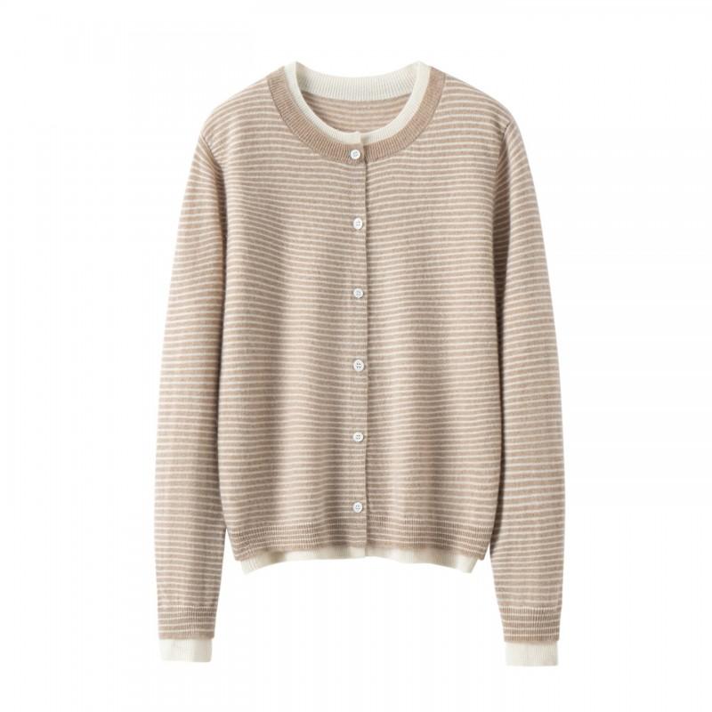 Womens Cashmere Blend Knit Cardigan With Stripe Detail Round Neck Long Sleeve Outerwear Fall Winter