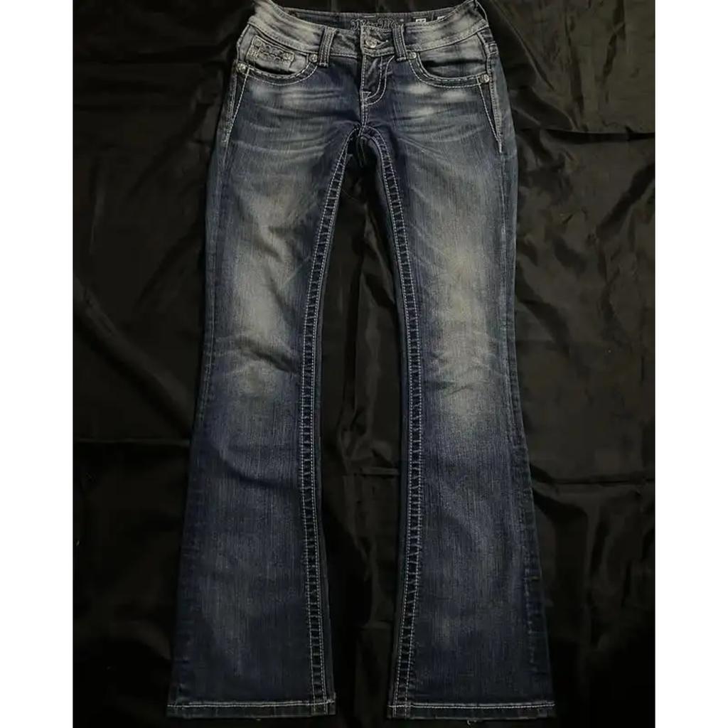 RogueWave Streetwear Vintage Jeans Y2K Kläder Dam Vintage Ficka Paljett Tvättad Blå Baggy Jeans Mellanhög Smal Passform Byxor