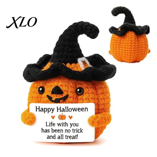 Halloween Häkelkürbis Dekor Handgemacht Positiv mit Hexenhut, Herbst Boo Korb Füller, Gemütliche Herbst Wohnaccessoires Mini Gestrickte Plüschfigur,