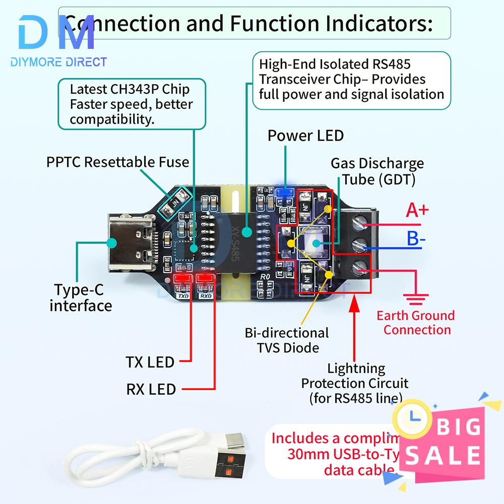 CH343P High Speed USB to RS485 Isolated Converter 6Mbps Industrial Grade Anti-interference Serial Port Module 3.3V/5V Type-C