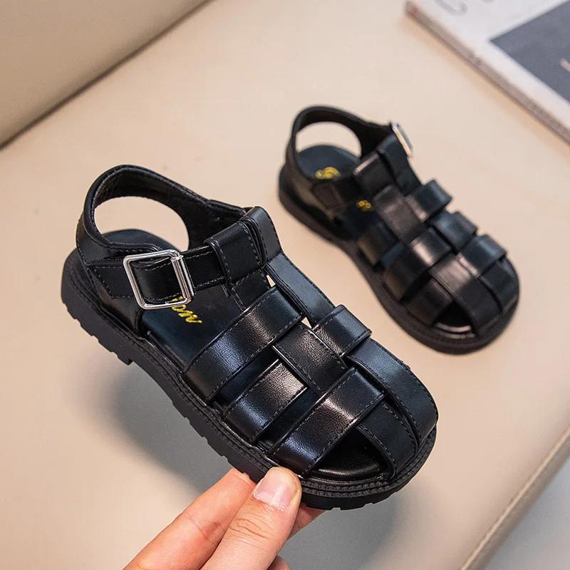 

Children Hollow Out Shoes Boys Girls Roman Shoes British Style Non-slip Fashion Kids Toes Capped Shoes Peep Toe Solid Color 26 чорний