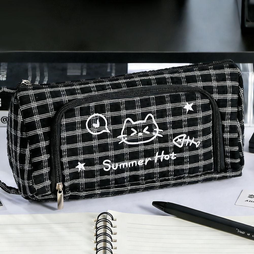 

Large Capacity Cute Cat Mewo Plaid Handheld Pencil Case Korean Durable Stationery Bag for School Office Supplies Students Gift чёрный