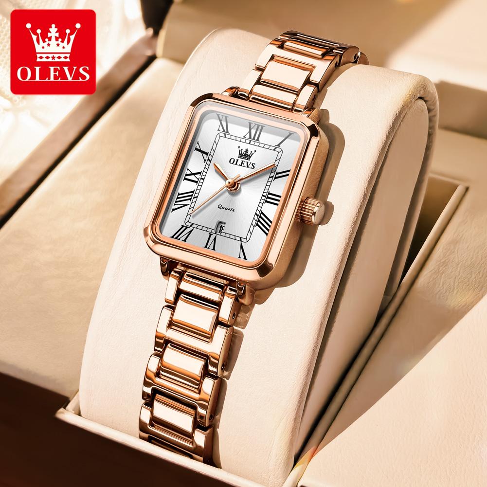 OLEVS Women's Watches 5641 Luxury Fashion Square Original Quartz Watch for Lady Rose white Dial Waterproof Date Stainless Steel