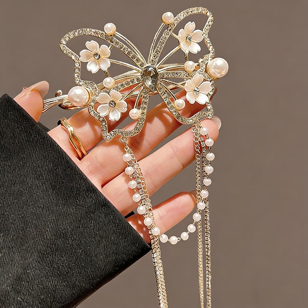 Elegant Butterfly Tassel Hair Stick with Rhinestone Pearl Detail Flower/Velvet Rose Design Retro Chinese Style Women's Accessory
