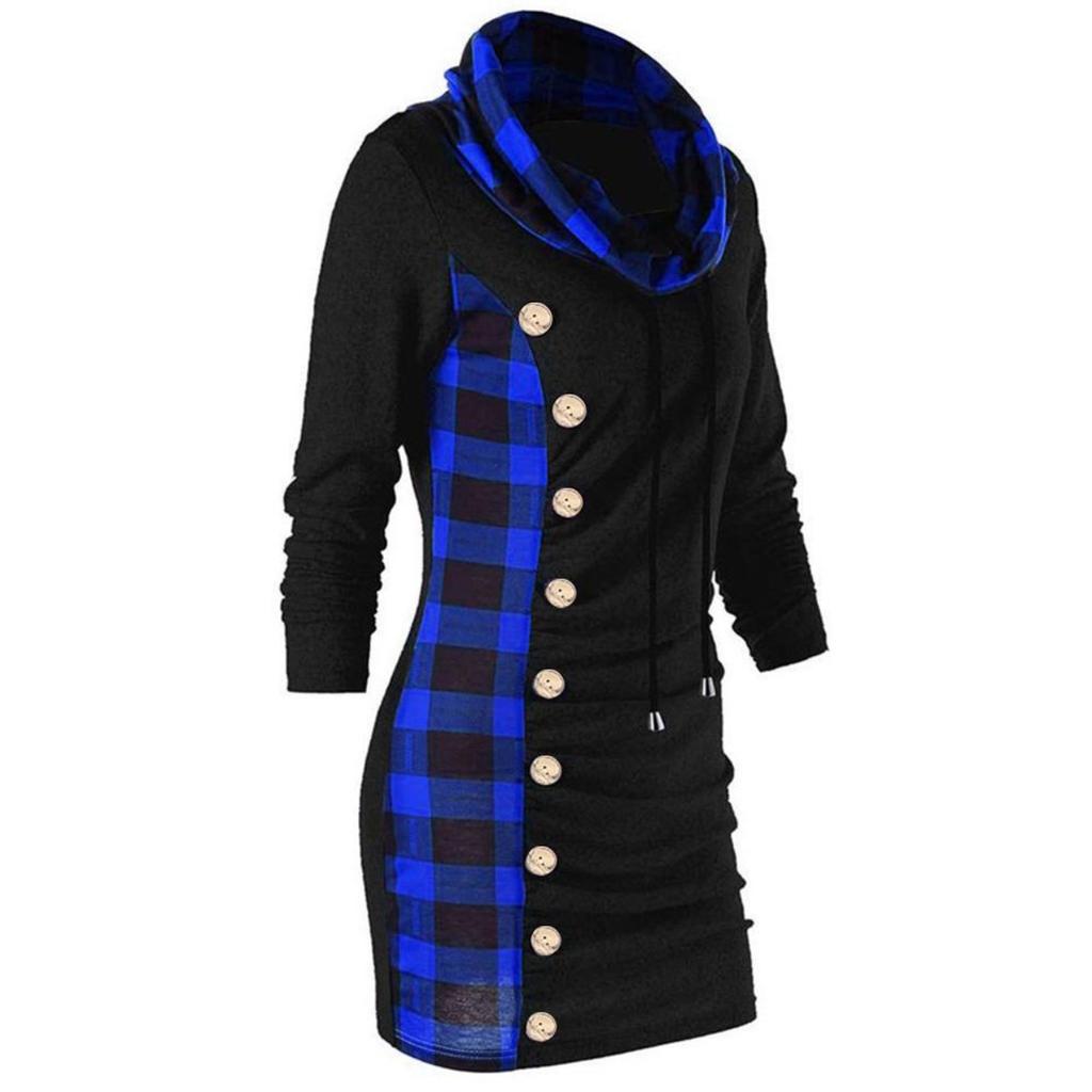 Women Bow-Neck Drawstring Plaid Patchwork Buttons Vintage Long Sweatshirt Top