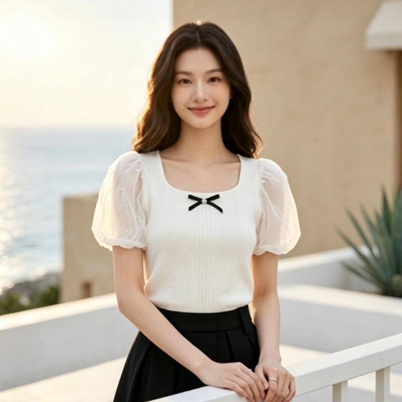 Women s Retro Square Neck Lace Knit Puff Sleeve Top M