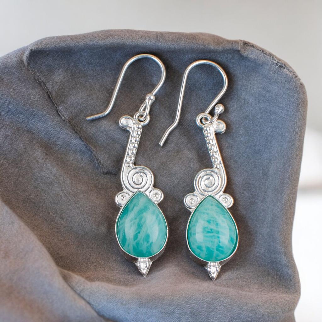 Natural Amazonite Gemstone 925 Sterling Sivler Handmade Jewelry Earrings For Mom EE-37-23