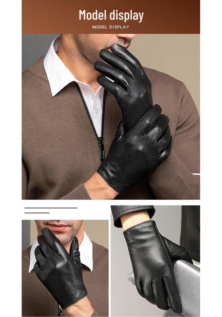 Men's Slim Fit Touchscreen Leather Driving Gloves - Breathable Sheepskin for Spring/Summer.