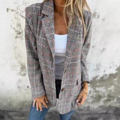 Damski płaszcz garniturowy Jesienno-zimowy kardigan Kurtka Damska Casualowa moda Retro Pepitka Klapy Garnitur