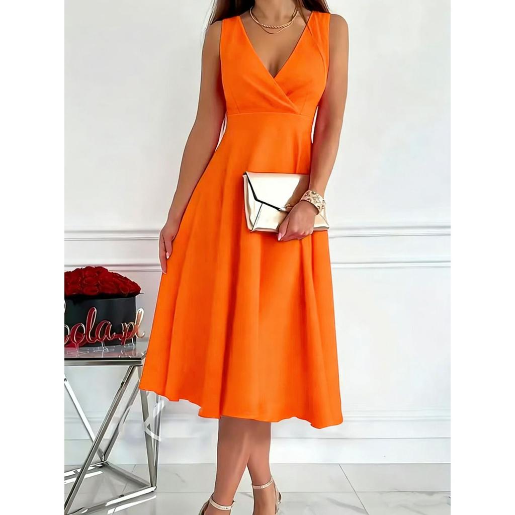 Women's Sleeveless V-Neck Wrap Front Cocktail Midi Dress