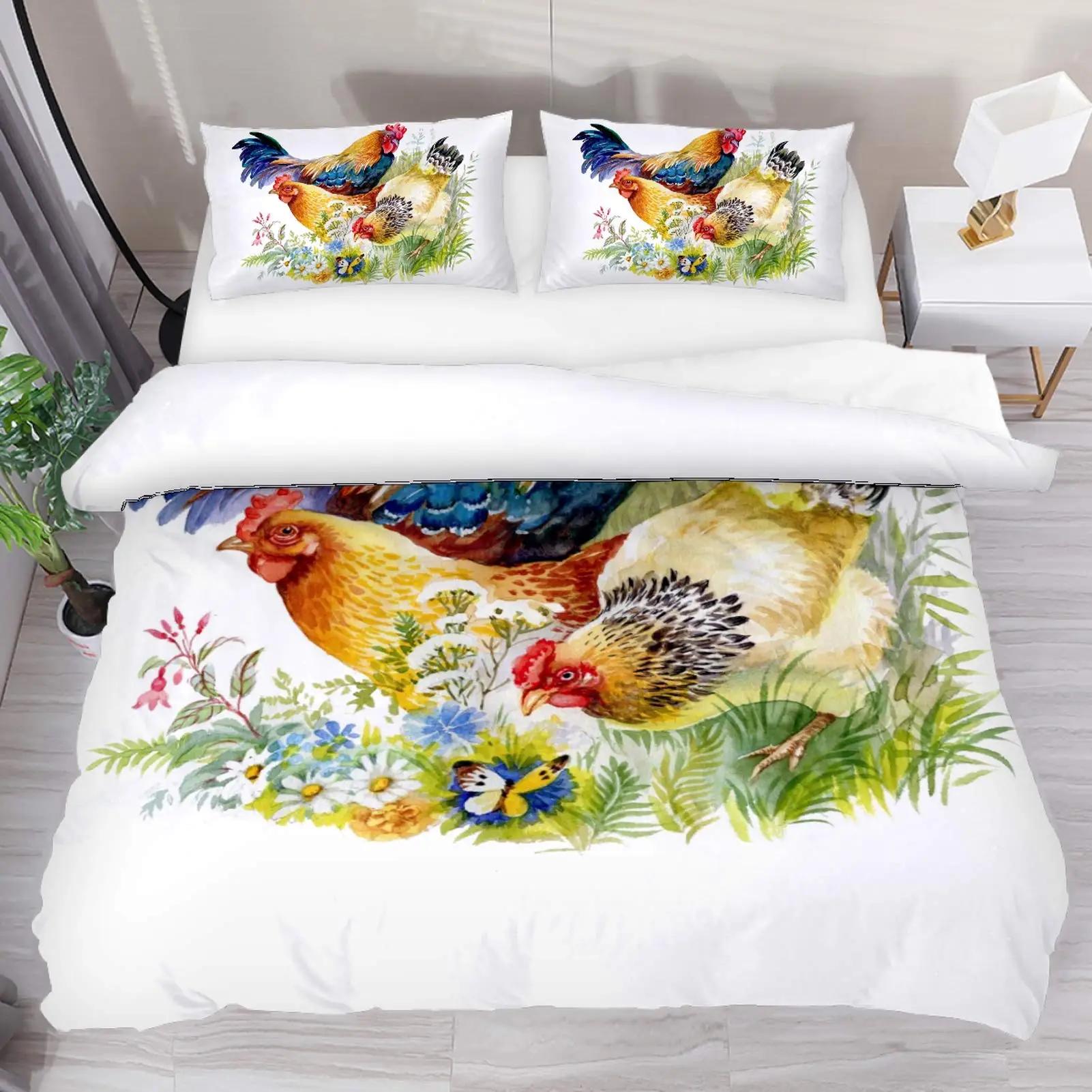

Chicken Duvet Cover Blue Rooster And Hen Domestic Farm Animals In Abstract Colors Theme For Bedroom Decorations For Women Men EU Single(135*200cm)3pcs