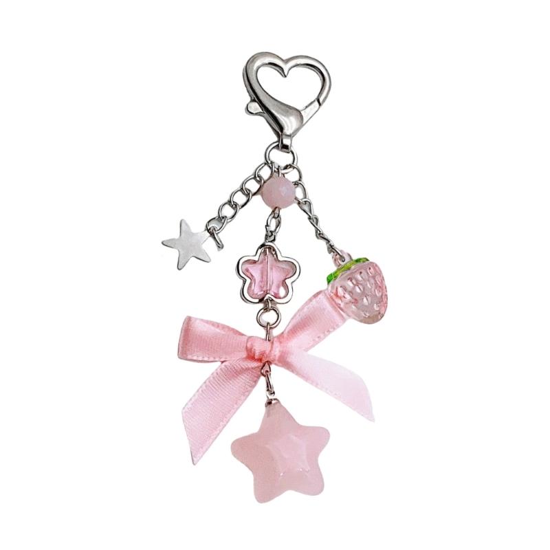 

Strawberry Keychain Charm Multifuntional Bowknot and Star Bag Charm Key Accessory Suitable for Keys and Fashion Bags рожевий