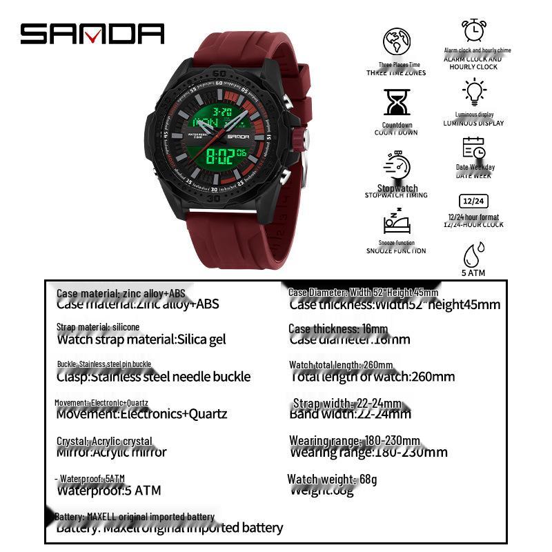 Relógio SANDA Casual com Duplo Display, Pulseira de Silicone, para Estudantes, com Função Soneca