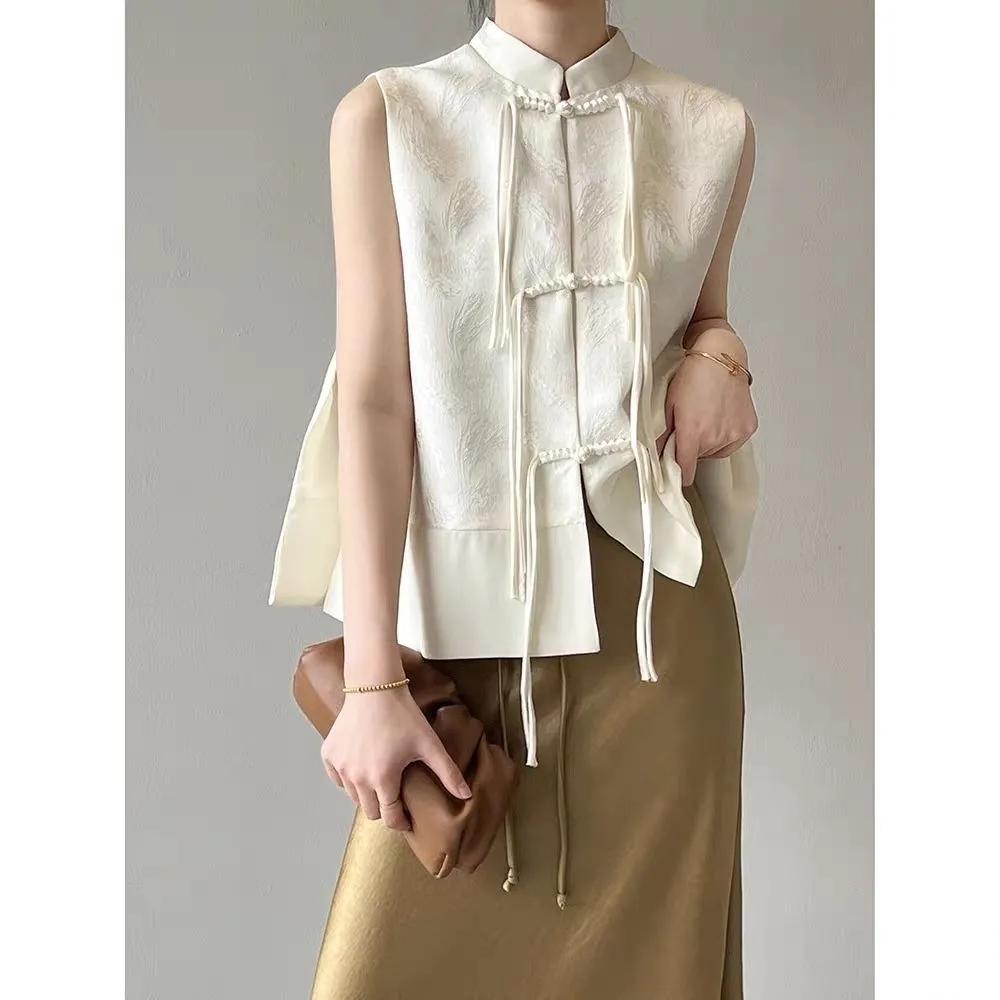 

Chinese Plate Button Vest Jacket Spring Jacquard Stand Collar Sleeveless Waistcoat Retro Women Cheongsam Tops XS білий
