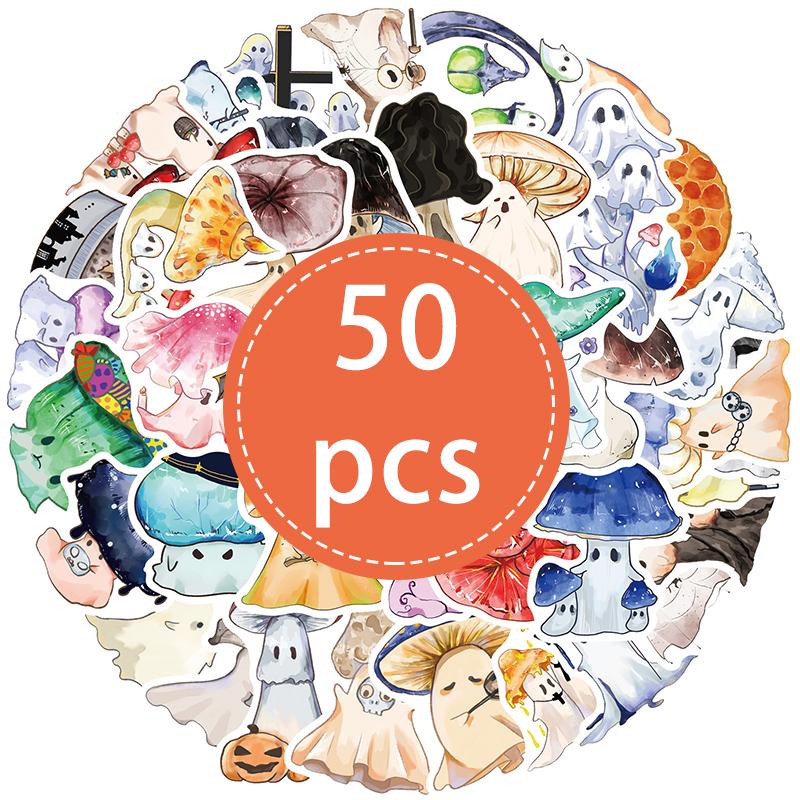 50PCS Halloween Ghost Theme Stickers Cute Mushroom Ghost Decorative Stickers Waterproof Vinyl Decals for Water Bottle, Laptop
