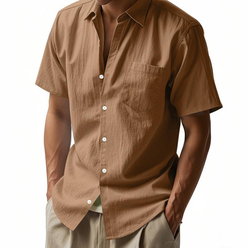 Summer New Style Solid Color Linen Shirt Short-sleeved Men's Lapel Loose Casual Pocket American Shirt