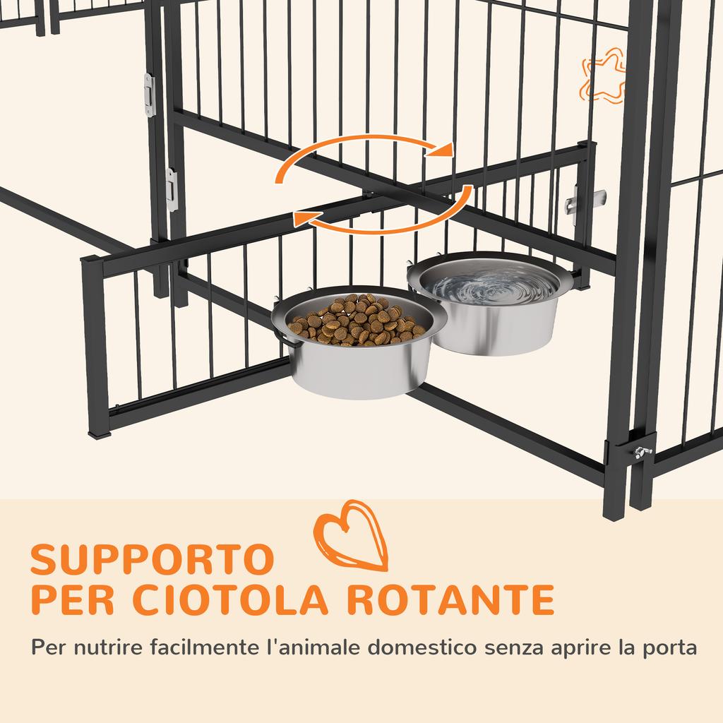 Metal and Oxford Fabric Dog Playpen with Bowl Door, 211x211x151 cm, Black and Brown