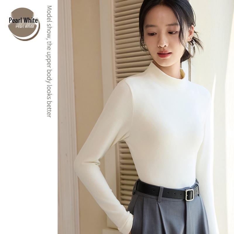 

Женский базовый топ из шерсти, тенсела и лиоцелла в корейском стиле с полувысоким воротником и длинными рукавами - Теплое нижнее белье Mia Biya Medium