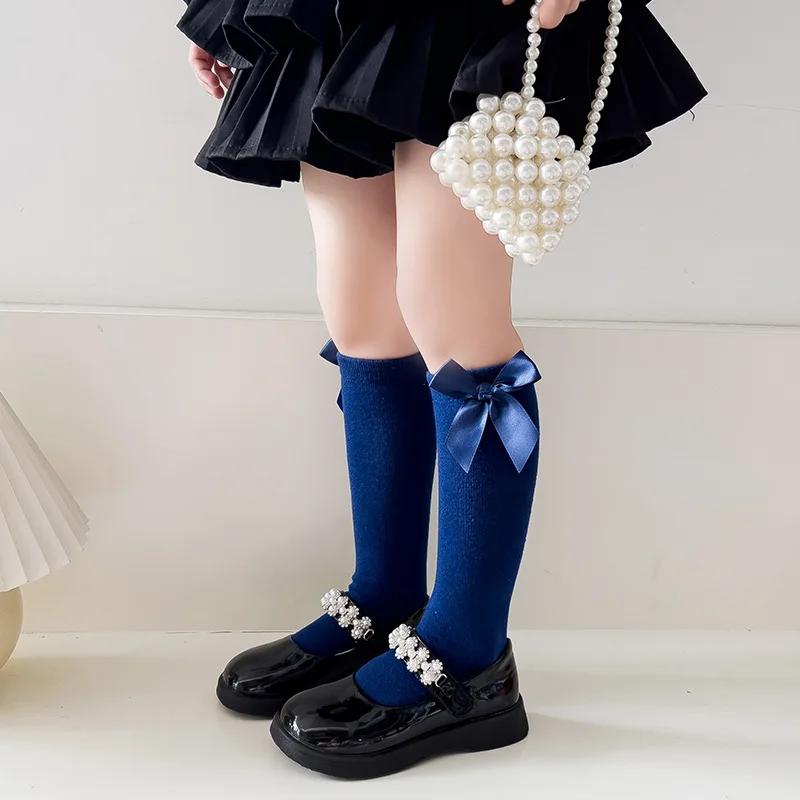 Girls Princess Bow Mid Calf Socks Spring Autumn Solid Student Dance Long Tube Socks For Little Kids