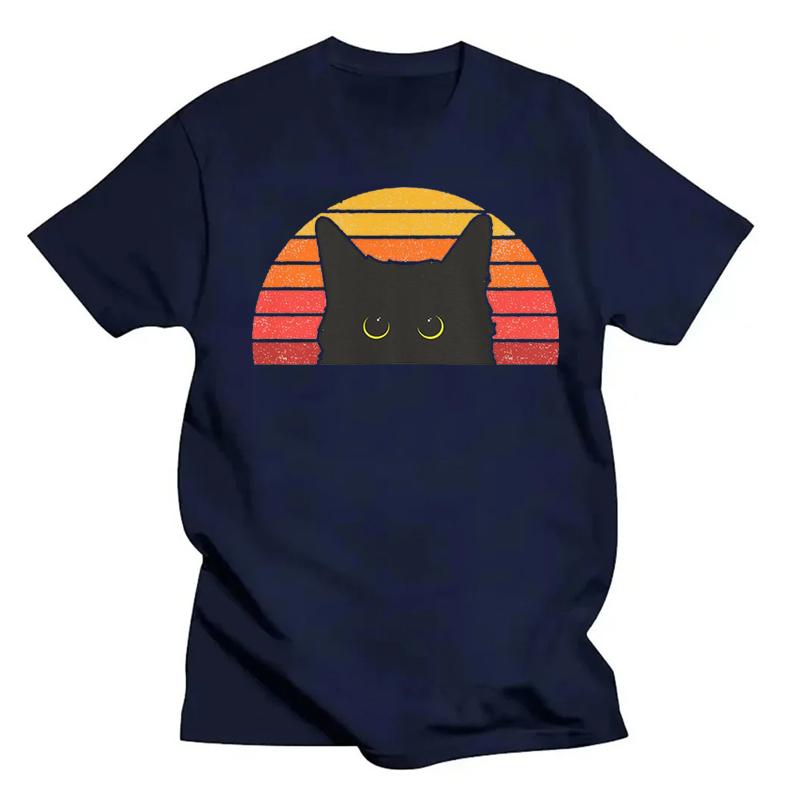 Black Cat Summer Sport Jogging Shirt Vintage Retro T-Shirt Vintage Cat Owner Funny Cat Face Short Sleeves Halloween Shirt