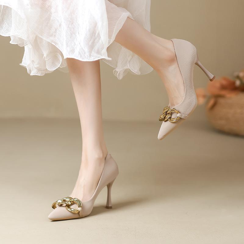 High Heels Women's Autumn and Summer New Fine Heel Design Sense Niche Temperament Celebrity French Nude Pointed Single Shoes
