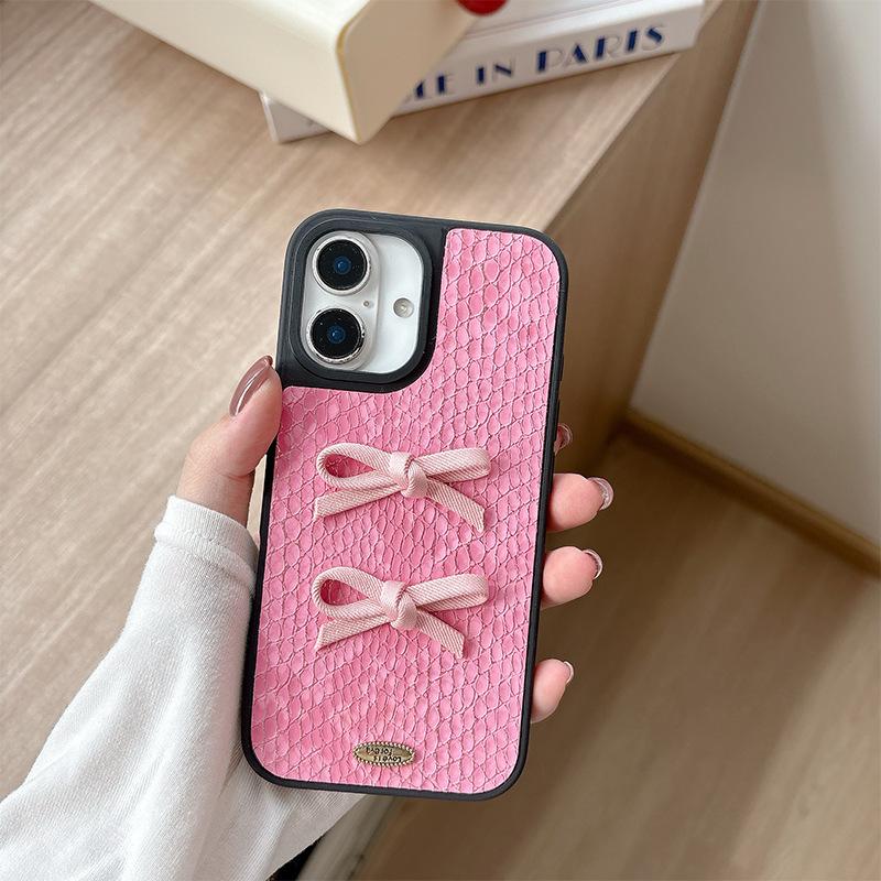 

Solid Color Snakeskin Pattern Mobile Phone Case for IPhone17pro Three-dimensional Bow for Apple 16plus Simple and Light Luxury For iPhone X/XS