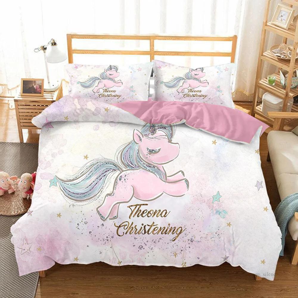 Unicorn Kids Girls Pink 3D Bedding Set Duvet Cover Sale Cartoon Bedcllothes Animal Printed Queen King Size Home Duvet Covers