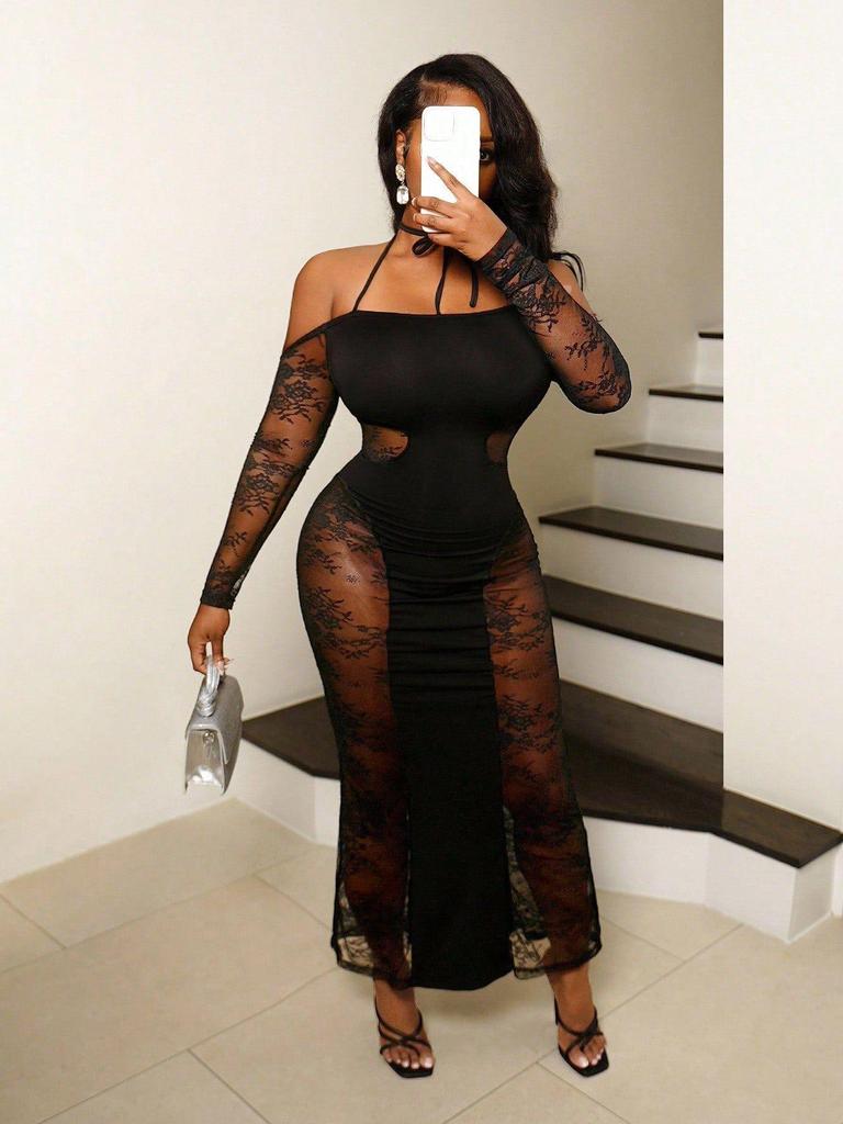 European & American Women's Sexy Halterneck Cutout Lace Bodycon Dress - Spring/Summer 2026 Collection