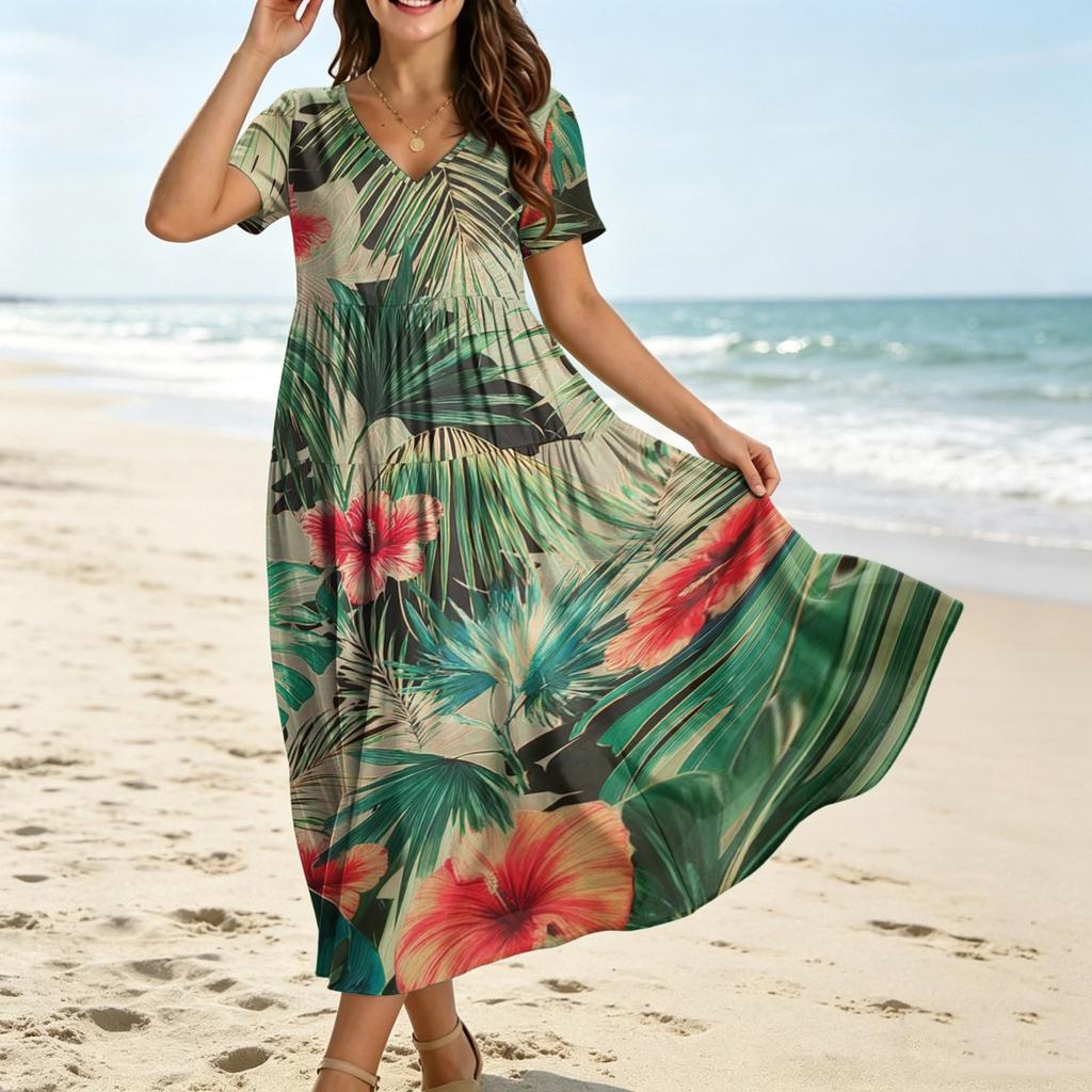 Frauen Casual Lose Bohemian Blumenkleid Kurzarm Lange Maxi Sommer Strand Swing Kleid